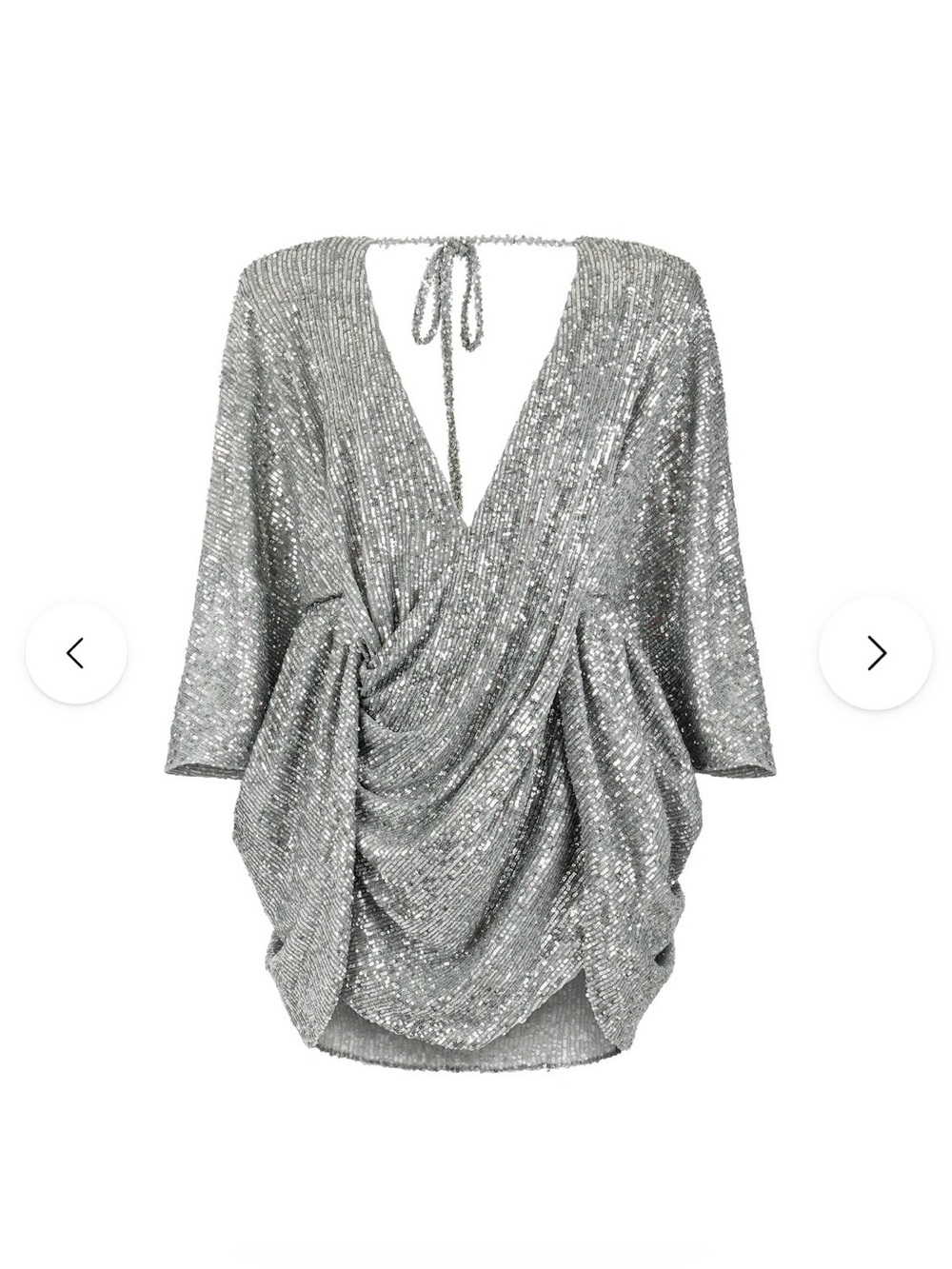 Silver Sequin Draped Long-Sleeve Evening Dress